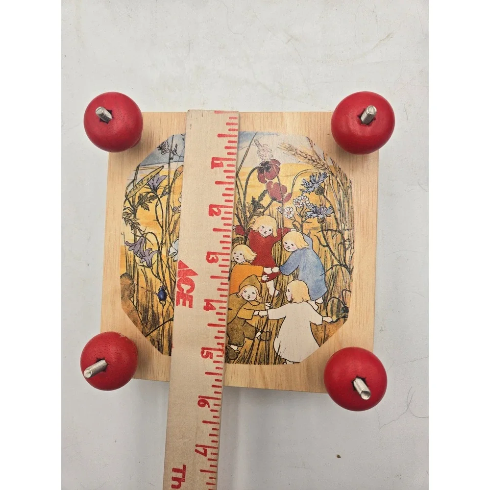 Vintage Style Wooden Flower Press Children Meadow Illustration Red Knobs 6x6